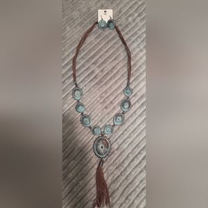 NWT Western Turquoise Concho Tassel Necklace & Earrings Set Boho Cowgirl